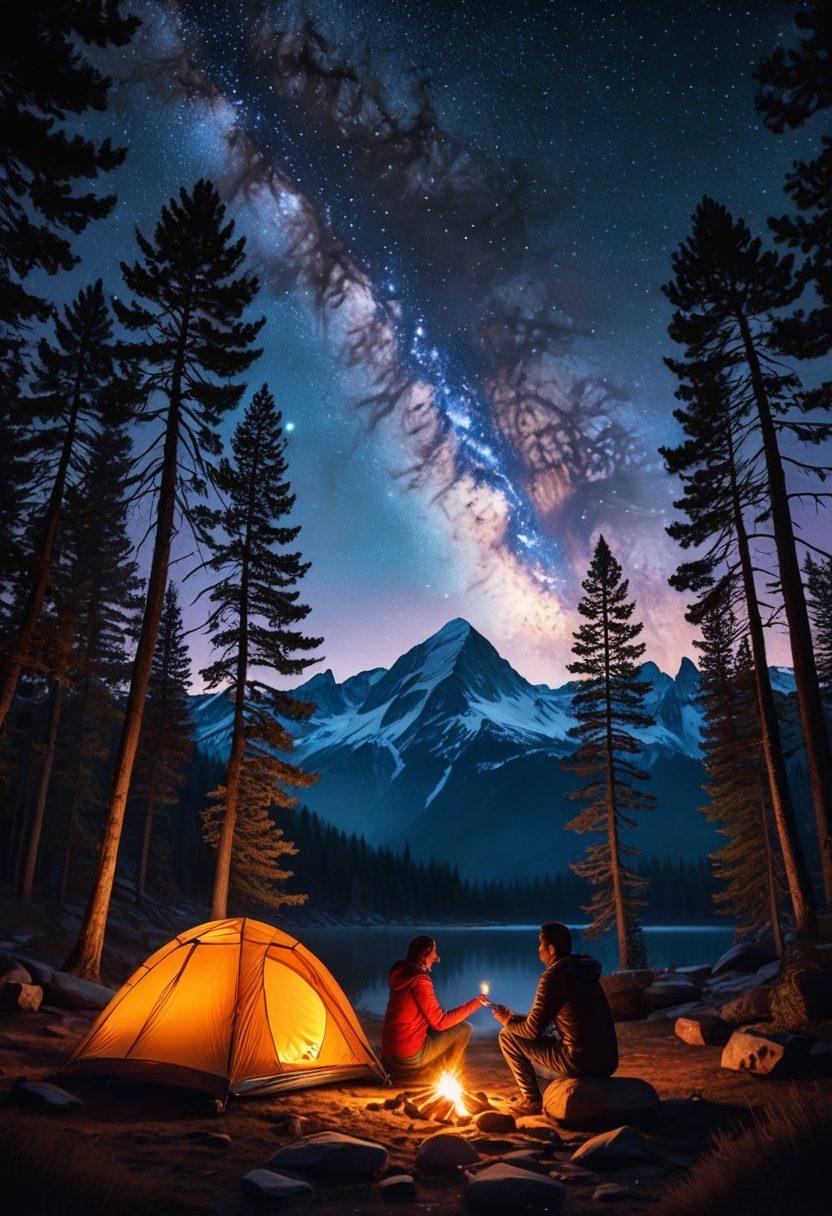 A cozy, intimate campsite under a starry night sky, featuring a tent softly glowing from within, silhouettes of a couple sharing a passionate moment, surrounded by twinkling stars and a gentle campfire casting warm light. Include elements of nature, like trees and distant mountains, to enhance the adventurous spirit. mystical ambiance, romantic atmosphere. super-realistic. vibrant colors.