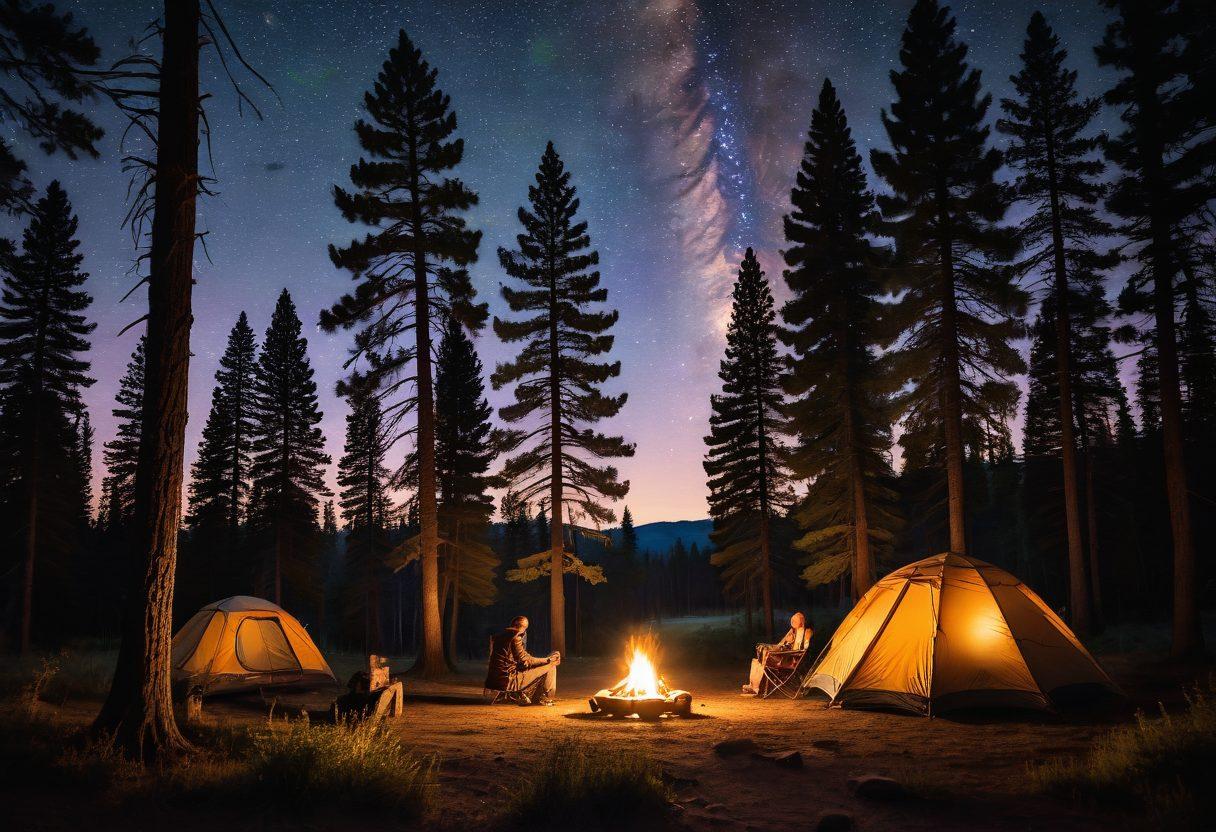 A serene, enchanting campground setting with a cozy tent illuminated by soft lantern light, surrounded by lush trees and a starry night sky. Include two figures embracing and sharing a tender moment by a crackling campfire, their silhouettes glowing against the warmth of the fire. Subtly incorporate elements of nature, like wildflowers and pine trees, to create an intimate atmosphere. Emphasize a sense of adventure and romance, blending the outdoors with a slight hint of allure. vibrant colors. soft focus.
