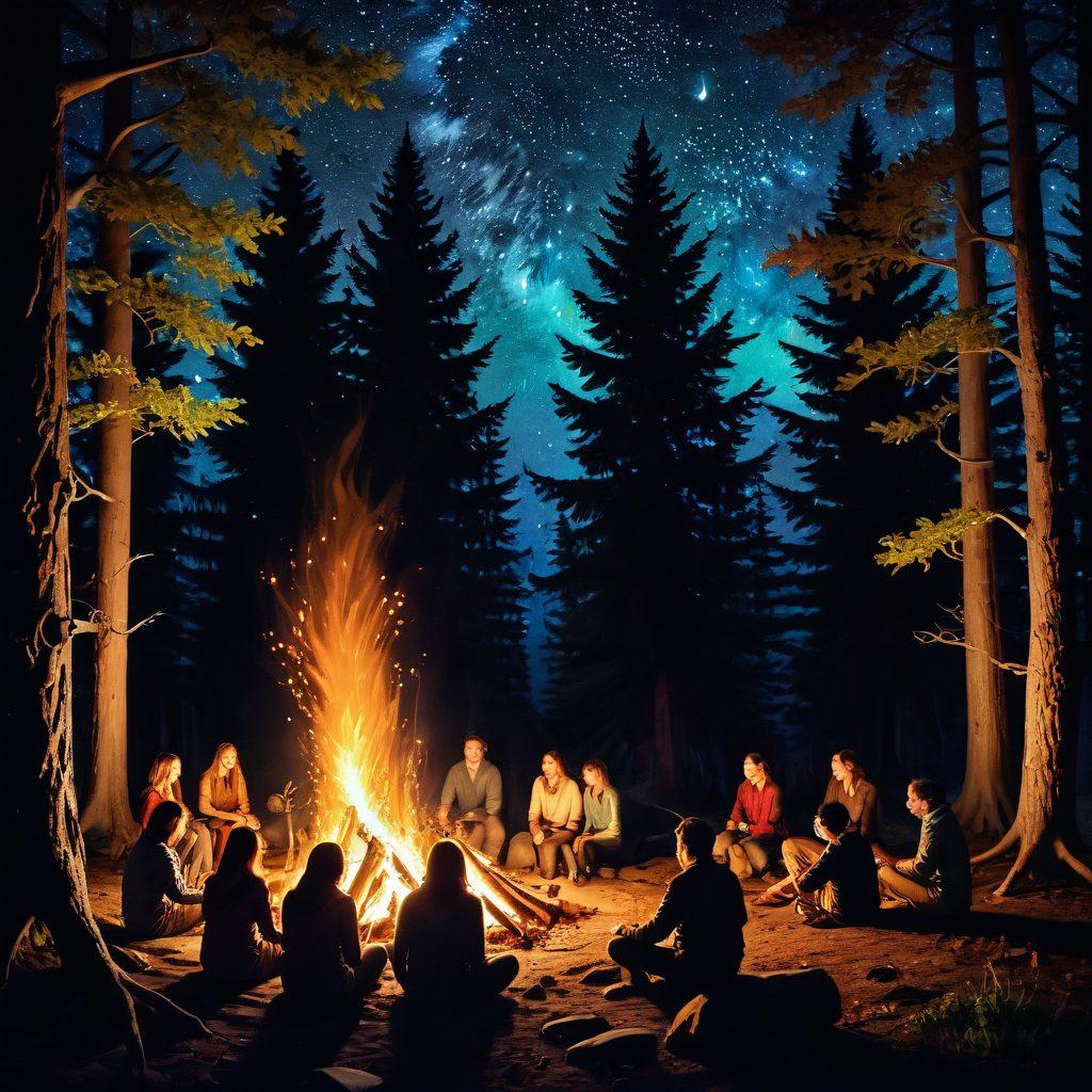 A captivating campfire scene under a starry night sky, with adults gathered around, sharing adventurous stories and playful glances. The warm glow of the fire illuminates a mix of nature and fantasy elements, like whimsical creatures peeking from the trees. Include hints of eroticism in the artwork, subtly integrated into the enchanting atmosphere. The overall mood should be adventurous and mystical, inviting curiosity. vibrant colors. surrealism.